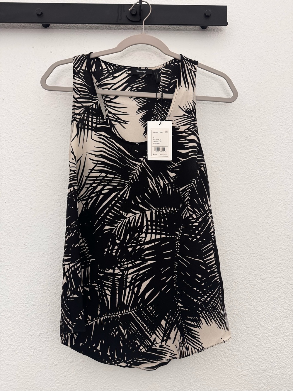 Theory Silk Racer Tank Black Multi Serene Cream Palm Print Tank